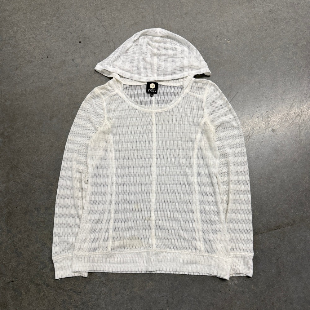 Jones New York Sport White Mesh Striped Pullover Hoodie Small Long Sleeve Top